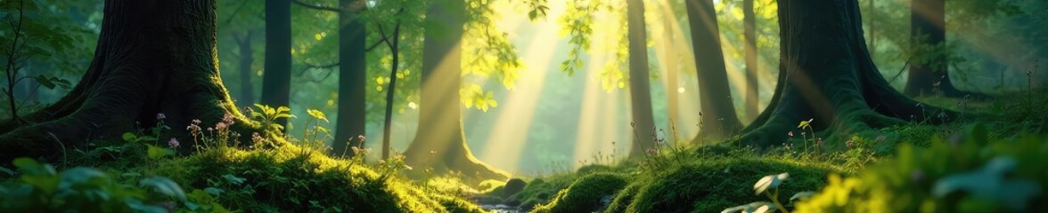 Sunlight dappled through the leaves of a light forest, illuminating the mossy undergrowth and creating a serene, magical atmosphere  Perfect for nature, fantasy, or fairytale themes , texture, green