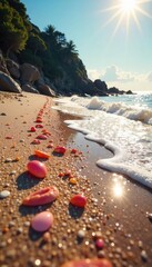 Sun-kissed beach, glittering with scattered jewels A breathtaking scene of nature's treasure, sparkling under the warm sunlight , landscape, iridescent, emerald