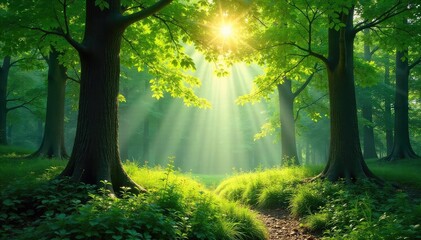 Sun-Dappled Woodland Forest Peaceful Green Canopy and Forest Floor, Perfect for Nature Lovers