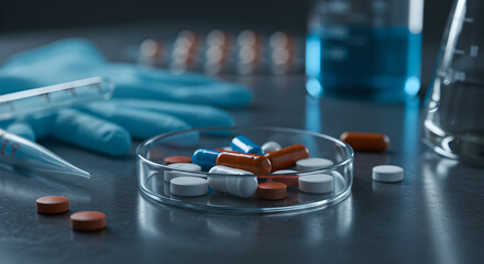 Pills and Capsules in a Petri Dish in a Scientific Laboratory