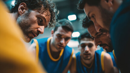 Intense basketball coaching moment with players focused and engaged in strategy discussion during a game practice on the court with bright lighting and team spirit.