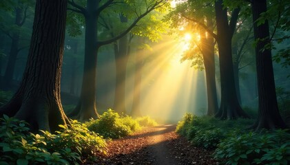 Sunbeams pierce a dense, mystical forest, illuminating a path through towering trees and dappled shadows Golden light creates a magical atmosphere , ray, environment, peaceful