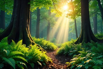 Sunlight dapples the forest floor, illuminating lush ferns and ancient trees in a vibrant, untouched natural woodland  A tranquil scene of biodiversity and natural beauty ,  roots,  natural