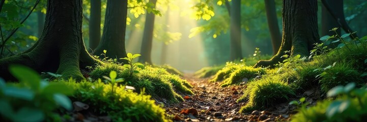 Sunlit Forest Floor with Moss, Animal Tracks, Lush Greenery - Peaceful Nature Scene