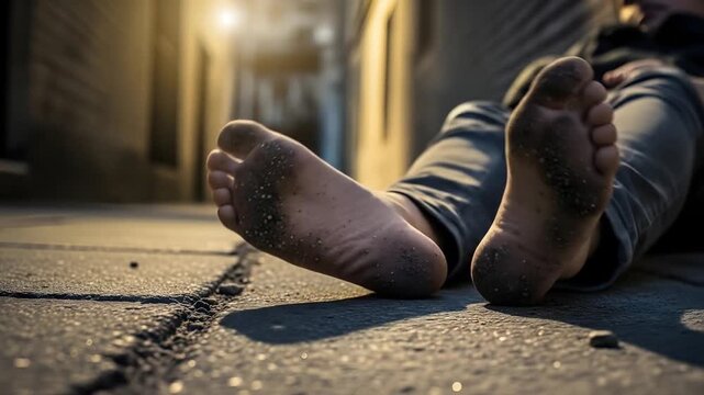 Dirty bare feet on gritty urban pavement poverty