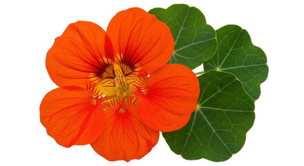 Isolated bright nasturtium flower and leaves showing veins, single beautiful orange blossom