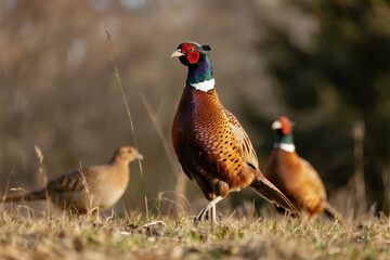 Colorful pheasants standing on a grassy field in natural environment
