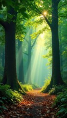 Magical Sunlight Dapples Ancient Forest Serene Woodland Scene with Fallen Leaves
