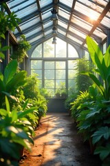 Sunlight streams into a modern greenhouse, illuminating lush green plants and creating a vibrant, warm atmosphere  Ideal for gardening, horticulture, and environmental themes ,  vibrant,  agriculture