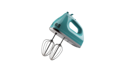 A teal-colored electric hand mixer floats against a black backdrop, showcasing its chrome beaters.