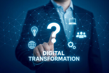 Man touching digital screen with digital transformation and question mark businessman finger