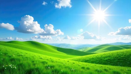 Sunlight streams through fluffy clouds illuminating a vibrant landscape of rolling green hills and a clear blue sky, a picturesque daytime scene , daytime, sunlight, air