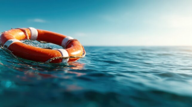The vibrant lifebuoy floats effortlessly in the sparkling ocean, symbolizing safety, hope, and the essential need for rescue in moments of distress and adventure on the water. - Powered by Adobe