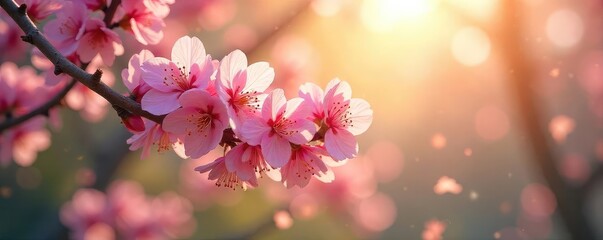 Sunlight warms vibrant spring blossoms on a gentle breeze, creating a serene and peaceful atmosphere Perfect for relaxation and renewal , flora, colorful