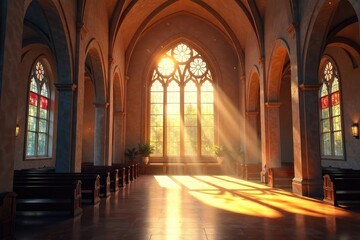 Sunlight streams through stained-glass windows in a serene, modern chapel, illuminating dust motes dancing in the air A feeling of peace and contemplation pervades the space , faith, sunlight