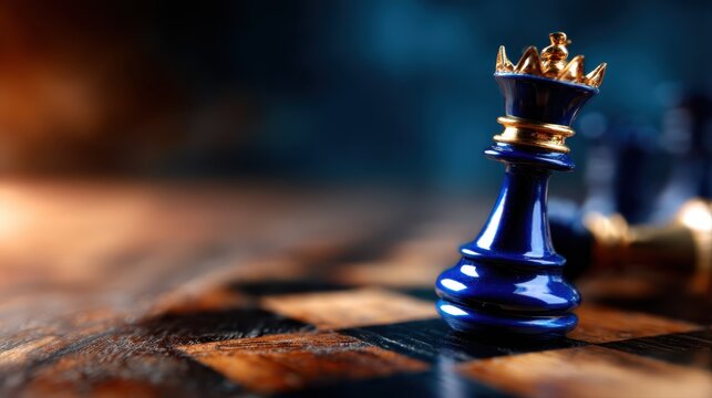 A striking close-up of a blue and gold chess king piece set against a checkered background, symbolizing strategy and competition in the timeless game of chess. - Powered by Adobe