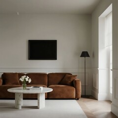 Modern Living Room with Brown Sofa and White Coffee Table