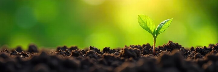 Tender new spring growth, vibrant green shoots emerging from rich earth, sunlight warming the delicate leaves A feeling of gentle renewal and nurturing springtime energy , outdoor, garden, soil