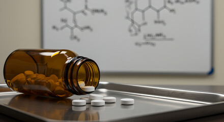 Pills and a Medicine Bottle on a Tray in a Laboratory