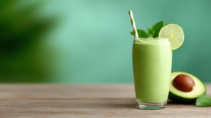 A vibrant green avocado smoothie served in a tall glass with mint and lime, representing health and freshness, perfect for health-conscious individuals seeking a nutritious drink.