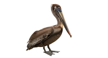Isolated Brown Pelican with Head Turned slightly, Standing on a white background, a wildlife image