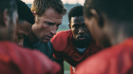 Intense football team huddle with focused coach discussing strategy, surrounded by deined players in red jerseys, captured in natural outdoor light during training session.
