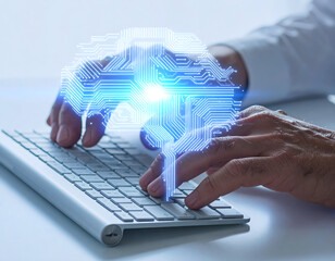 Hands typing on a keyboard with a glowing brain overlay, symbolizing artificial intelligence and technology