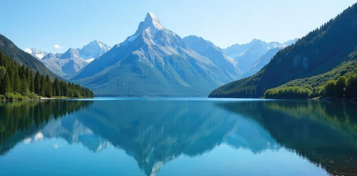 Tranquil lake reflecting a majestic mountain range under a clear blue sky; untouched nature at its finest, evoking peace and calm ,  stones,  beauty,  wilderness
