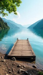 Tranquil scene of a wooden dock extending into calm water, the shore gently sloping into the lake Perfect for relaxation, travel, and nature themes , rural, wildlife, holiday