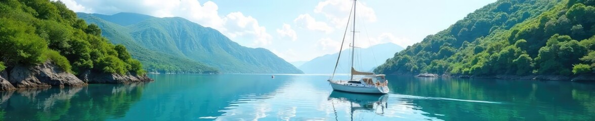 Tranquil scene of a sailboat peacefully anchored in a calm, clear bay, surrounded by lush green hills The boat gently bobs in the water, reflecting the serene atmosphere , getaway, green hills, lush