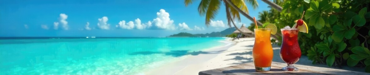 Tropical paradise, vibrant cocktails served on a secluded island, turquoise water, lush vegetation, idyllic beach scene, perfect vacation , travel, summer