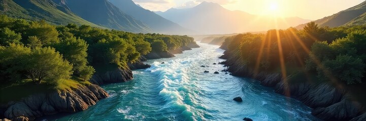 Triumphant river carving a path through a vibrant landscape, sunlight illuminating its powerful flow A majestic scene of natural victory , natural beauty, vibrant, blue