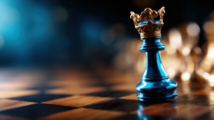 A striking close-up of a blue king chess piece adorned with a golden crown, symbolizing strategy, power, and the game of chess’s intricate beauty.