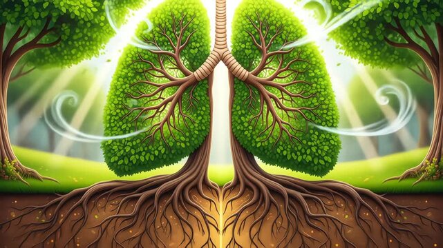 A conceptual animation of trees forming human lungs, breathing fresh air in a sunlit forest, symbolizing the connection between nature and life
