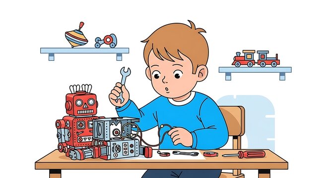Boy Builds Robot Toy.