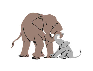 Mother and funny baby elephant have fun together. Happy family of African animals. Mom and cute calf of Savanna. Exotic fauna of Africa in zoo. Flat isolated vector illustration on white background