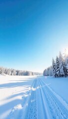Vast, clear winter sky, a brilliant blue canvas Crisp, cold air, sunlight reflecting off snow-covered landscape Perfect for winter themes, travel, and serenity , crisp, landscape
