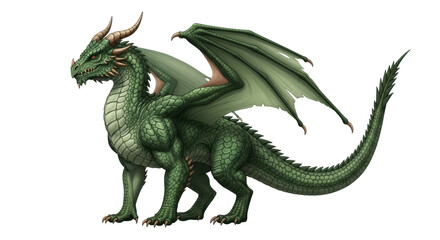 Isolated Fantasy Green Dragon, Magical Creature with Horns, Mythological Reptile, Wildlife