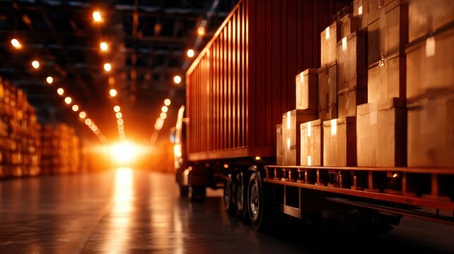 A freight truck parked in a warehouse filled with stacked boxes and illuminated by warm, glowing lights, creating an atmosphere of industriousness and efficiency.