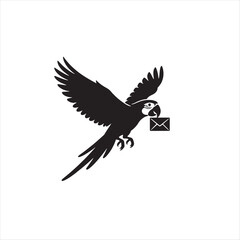 Obraz premium Silhouette of a black parrot in flight carrying an envelope in its beak for postal delivery