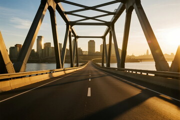 Sunlit bridge over river leading to city skyline