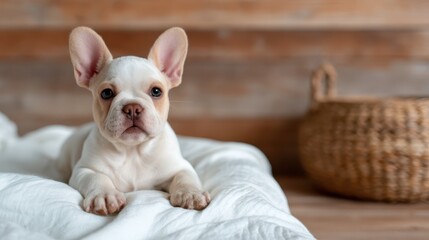 A charming French Bulldog puppy rests softly on a white blanket, showcasing its cute features and expressive ears in a serene and cozy indoor setting, perfect for pet lovers.