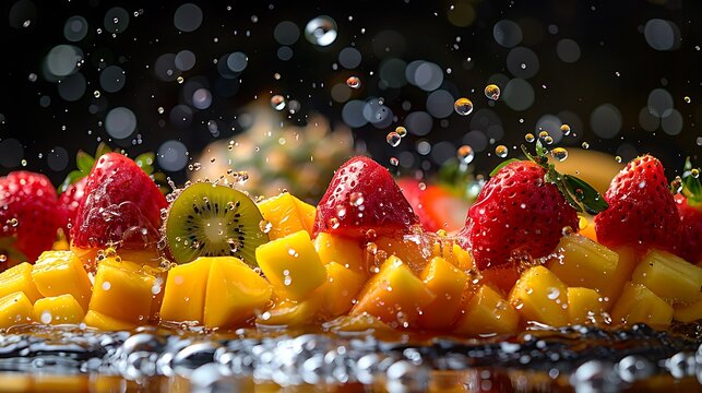 Vibrant splash of fresh fruit featuring kiwi, mango, and strawberries for healthy summer recipes