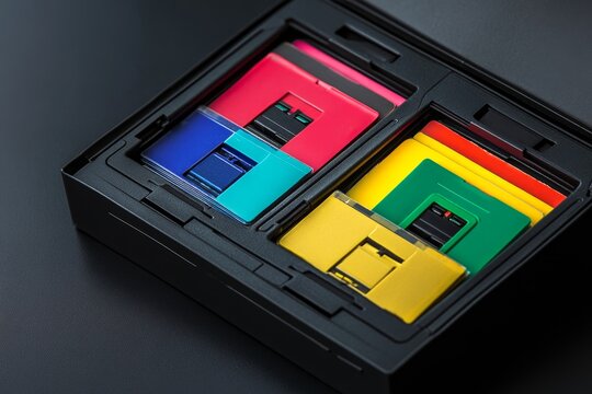 Set of floppy disks in a box on a white background, showcasing vintage storage technology, Generative AI