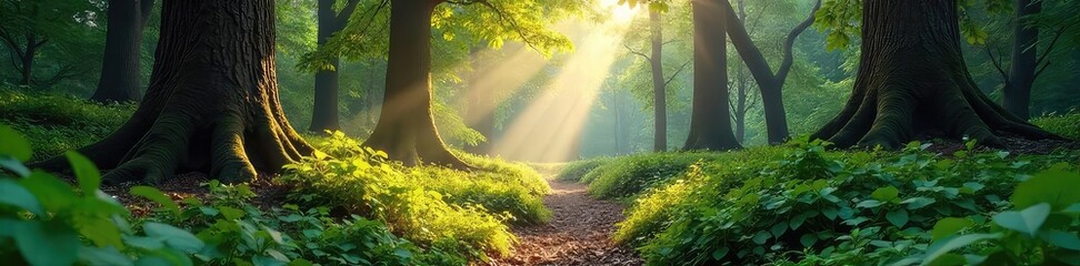 Fototapeta premium Sunlight dapples the forest floor, illuminating ancient trees and lush undergrowth in a vibrant, untouched natural forest A peaceful scene of untouched wilderness , landscape, green, shadow