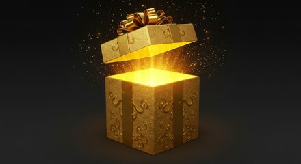 Luxurious golden gift box emitting bright light with magical surprise