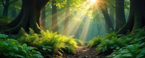 Obraz premium Sunlight dapples the forest floor, illuminating lush ferns and ancient trees in a tranquil woodland scene Perfect for nature, environmental, and fantasy projects , image, tranquil, fairytale