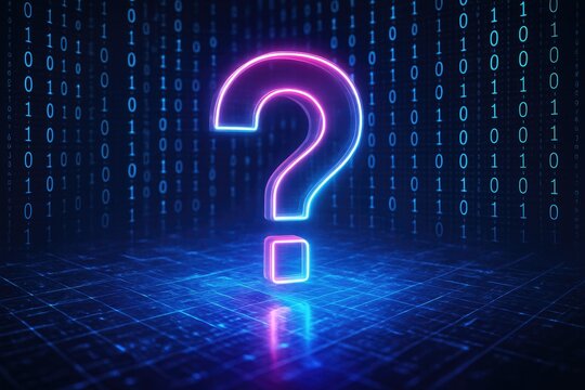 Neon Question Mark with Pink and Blue Glow on a Digital Grid with Binary Code 
