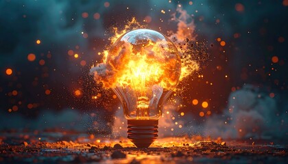 Burning lightbulb, fiery explosion, intense