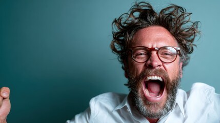 A thrilled man with curly hair passionately raises his arms in excitement, releasing energy and joy, embodying the thrill of victory and the rush of emotions captured in a moment.